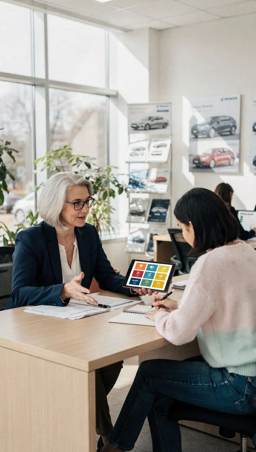 Starszy doradca ubezpieczeniowy przedstawia młodemu kierowcy zasady dotyczące ubezpieczenia samochodu.