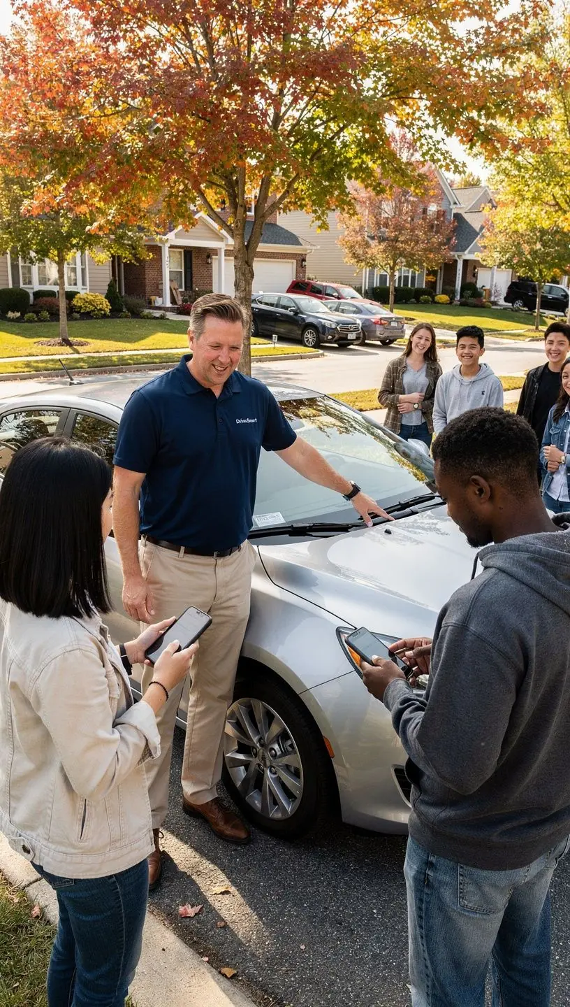 Młody kierowca uczestniczący w szkoleniu dotyczącym ubezpieczenia i bezpieczeństwa na drodze.