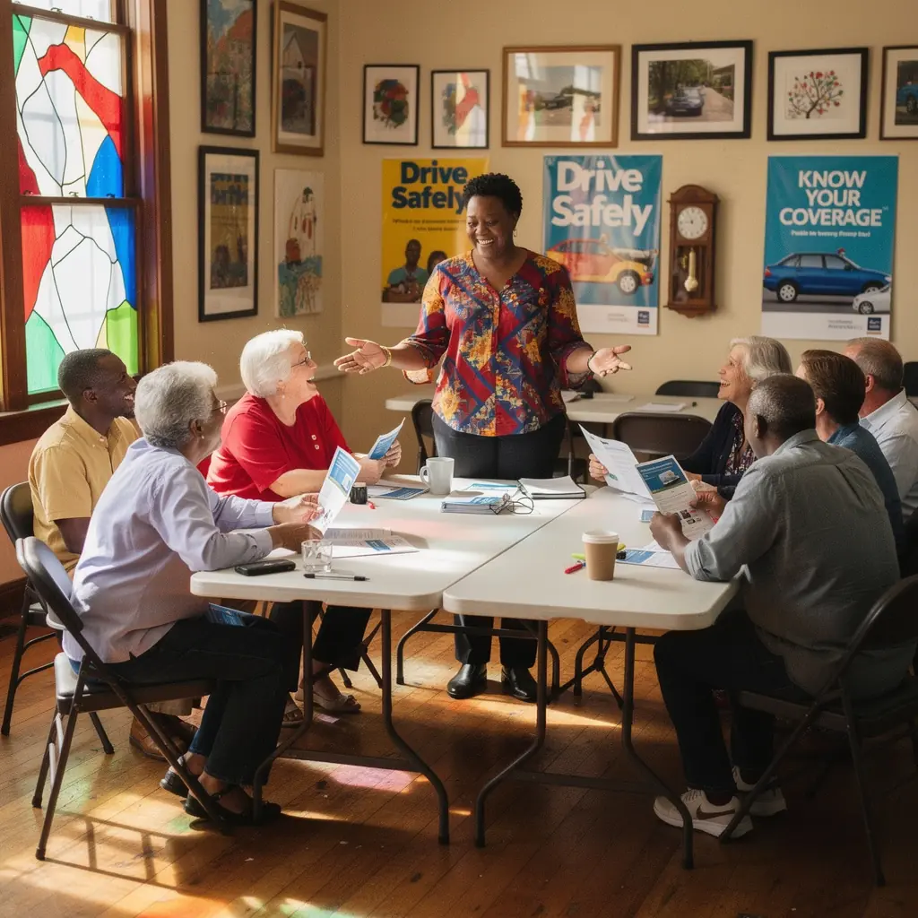 Grupa nowych kierowców uczestniczy w szkoleniu na temat wyboru odpowiedniego ubezpieczenia pojazdu.
