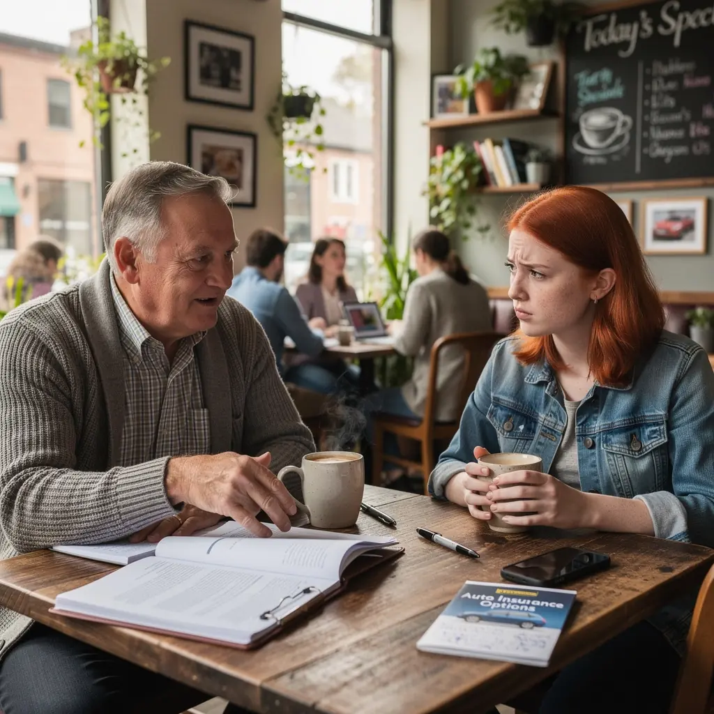 Spotkanie zespołu doradców ubezpieczeniowych z klientami, aby omówić plany ochrony samochodów.
