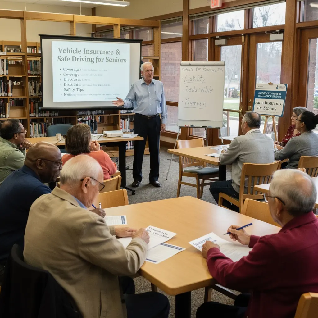 Seniorzy biorący udział w szkoleniu na temat ubezpieczeń samochodowych dla nowych kierowców.